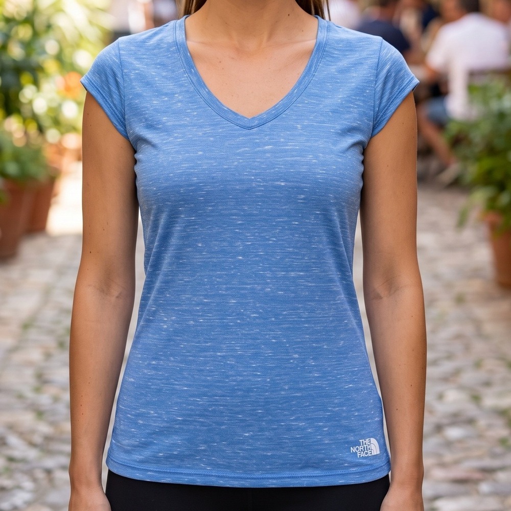 The North Face Womens Blue Space Dye V-Neck Short Sleeve T-Shirt Activewear‎ Top